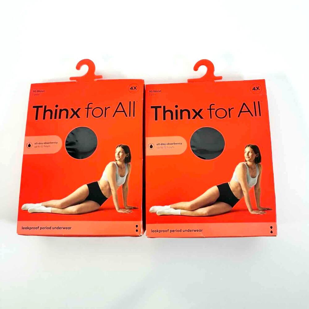 Two NIB Thinx Everyday Comfort Hi-Waist Black Cotton Period Panties - Plus 4X